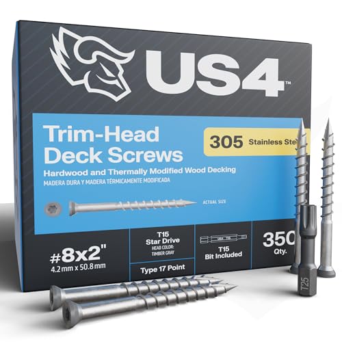 US4 #8 x 2-inch Timber Gray wood screws with trim heads and T15 star drives for outdoor decking