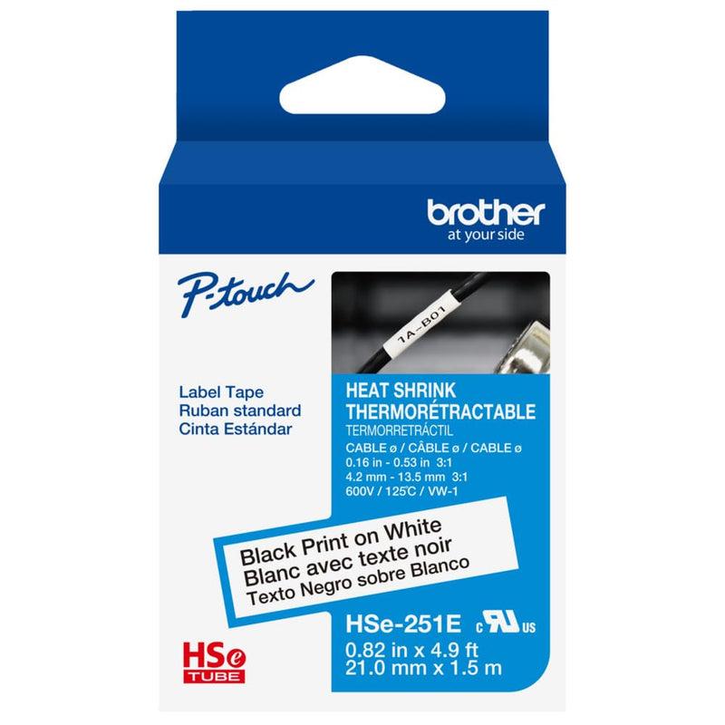 Brother HSe251E ~4/5in (21mm) Black on White Heat Shrink Tube, 3:1 Electrical Shrink Wrap Labeling Tape for AWG 0-10, 4.9 ft (1.5m) Cassette for P-Touch Industrial Heat Shrink Label Printers New Packaging