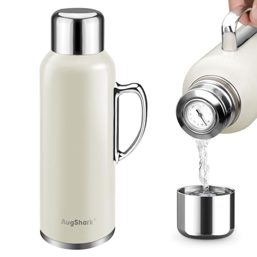 34oz Retro Classic Thermoses – Upgraded Leakproof Mechanical Temp Gauge & Polished Handle Stainless Steel Water Jug for Home, Office, Camping Keeps Cold 36h Hot 24h White