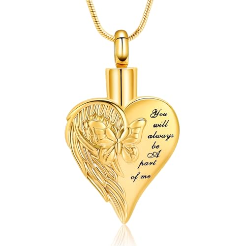 Love Heart Cremation Jewelry Urn Necklaces Butterfly Urn Necklaces for Ashes Memorial Keepsake Pendant for Women Men Gifts With Funnel Kit & Bag Gold