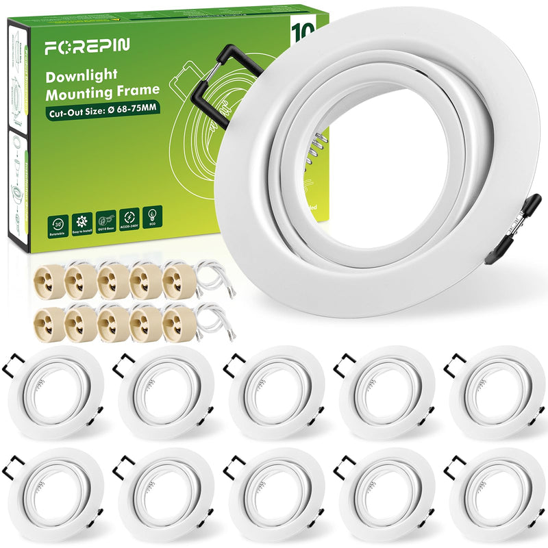 Set of 10 Recessed Spotlights LED Frame Diameter 68 mm GU10 Ceiling Spotlights Including GU10 Socket, 30° Swivelling Mounting Frame LED Spotlights 230 V for Recessed Lighting White
