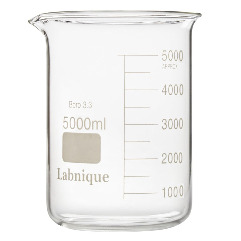 Labnique Large Borosilicate 3.3 Glass Griffin Beaker, Low Form with Printed Graduation (5000ml) 5000ml