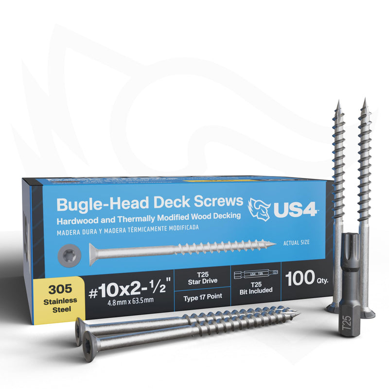 US4 - #10 x 2-1/2" Gray Flat Head Screws Stainless Steel | Stainless Steel Wood Screws | T25 Star Drive | Self-Drilling Screws for Framing, Subflooring & Decking | 305 SS (100, #10 x 2.5 Inches) 100 #10 x 2-1/2"