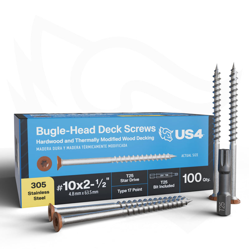 US4 - #10 x 2-1/2" - Brown Flat Head Screws Stainless Steel | Stainless Steel Wood Screws | T25 Star Drive | Self-Drilling Screws for Framing, Subflooring & Decking | 305 SS (100, #10 x 2-1/2 Inches) 100 #10 x 2-1/2"