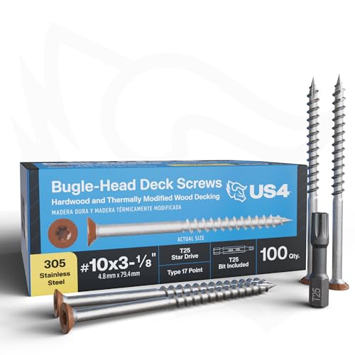 US4 #10 x 3-1/8-inch stainless steel cedar flat head self-tapping wood screws with T25 star drive, 100 pack