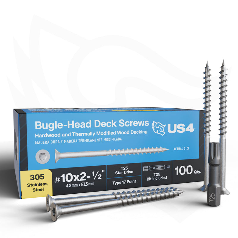 US4 - #10 x 2-1/2" Flat Head Screws Stainless Steel | Stainless Steel Wood Screws | T25 Star Drive | Self-Drilling Screws for Framing, Subflooring & Decking | 305 SS (100, #10 x 2.5 Inches) 100 #10 x 2-1/2"