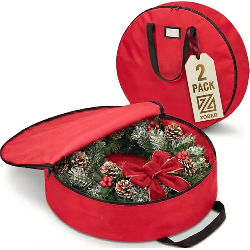 ZOBER 2 Pack Oxford Christmas Wreath Storage Container 48 Inch - Wreath Bag for Artificial Wreaths Box - Waterproof Fabric, Dual Zippered Wreaths Storage Bag With Strong Durable Handles - Red