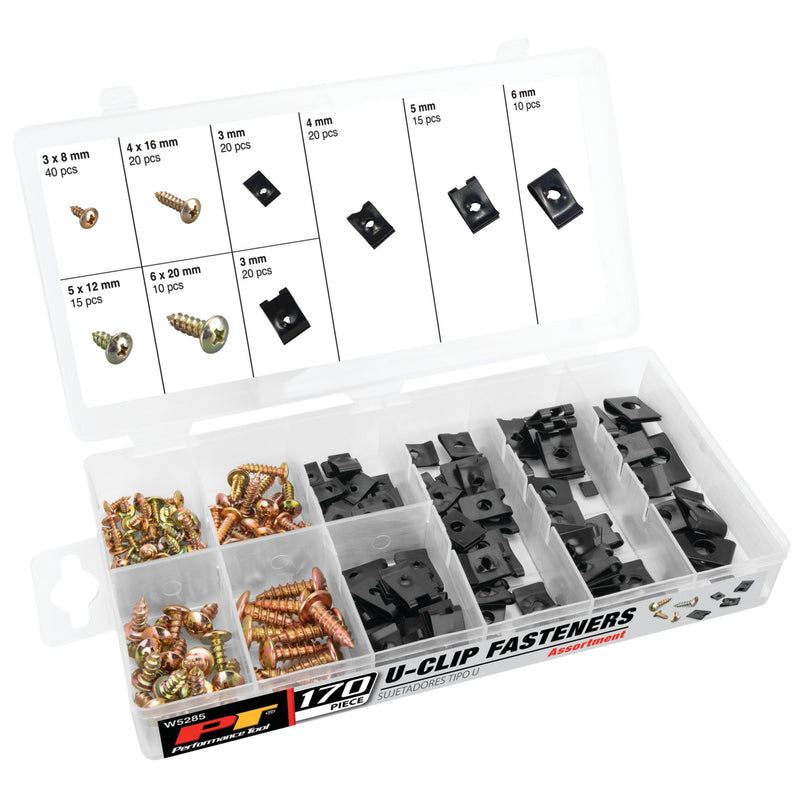 [Australia - AusPower] - Performance Tool W5285 170 pc. U-Clip Fastener Assortment, Heat-Treated Zinc-Plated Steel, Reusable, Sizes 8-20mm Notched and Un-Notched with Screws and Case, Black 