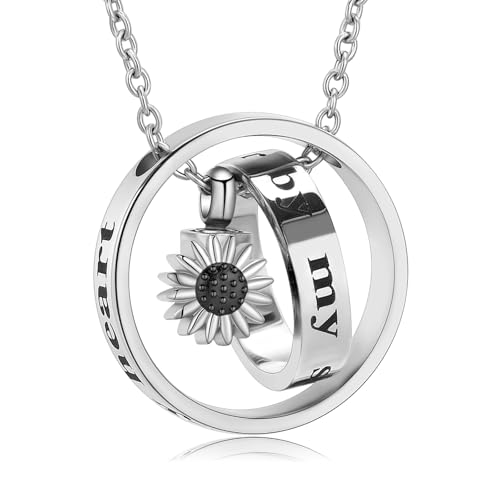 Daisy Cremation Jewelry Necklaces Stainless Steel Circle of Life Eternity Urn Necklaces for Ashes Memorial Keepsake Daisy Pendant for Women Men Gifts With Funnel Kit & Bag Black