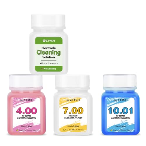 EZTOCH pH calibration buffer solutions 4.0, 7.0, 10.01 with green probe cleaning solution