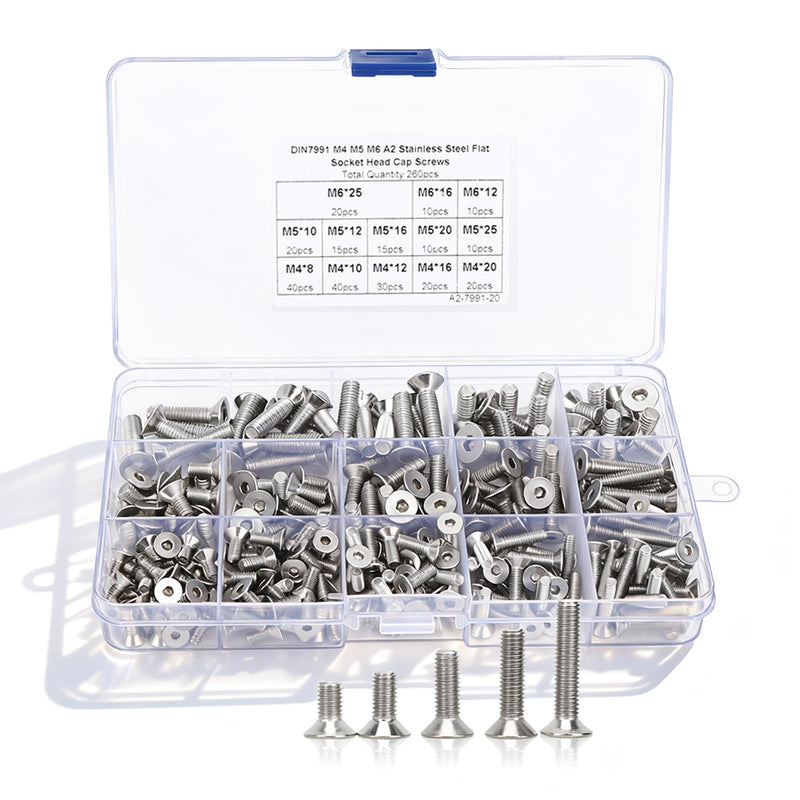 [Australia - AusPower] - Jeanoko 260PCS Flat Screw Set M4/M5/M6 Hex Socket for Electronics Industry, Stainless Steel Flat Head Countersunk Socket Cap Bolts 