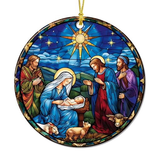 Nativity Ornaments for Christmas Tree - Christian Religious Gifts for Women Scene Decorations Xmas Keepsake Blue Yellow