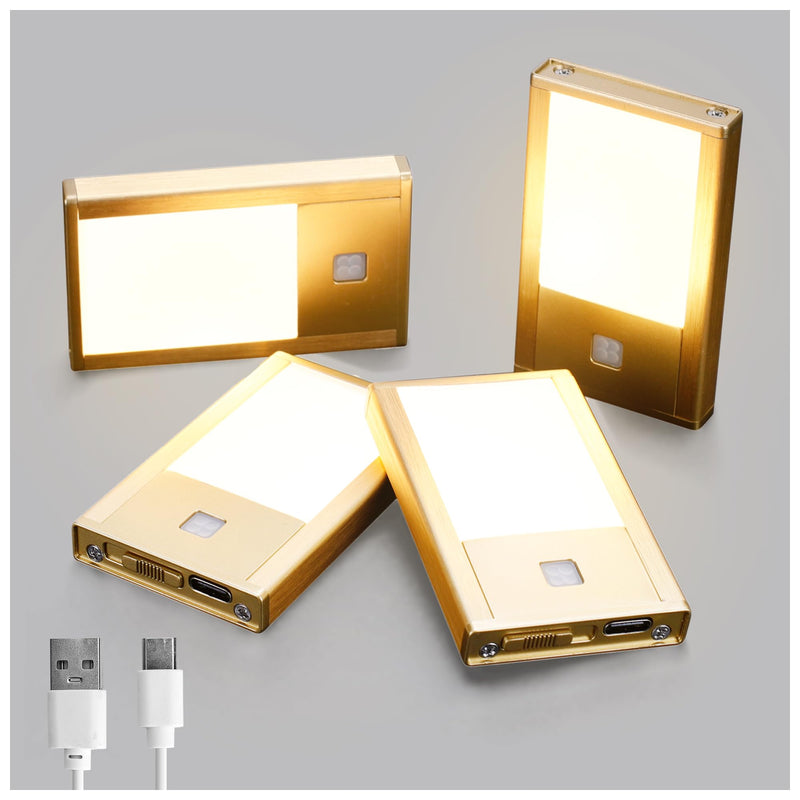 V4light Rechargeable Motion Sensor Night Lights, Ultra-Thin LED Stair Lighting for Safe Night Walking, Brushed Gold Aluminum Alloy, Magnetic Mount, 3000K Warm White Light, Ideal for Hallways & Stairs 4Pack