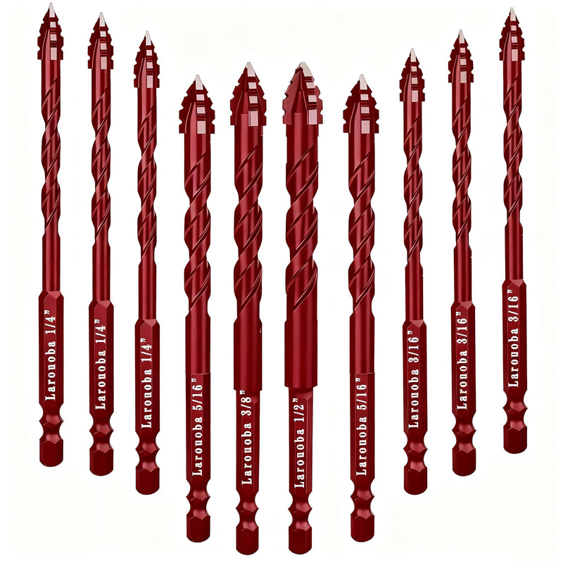10pc Red Serrated Eccentric Masonry Drill Bit, Serrated Concrete Drill Bit Set for Ceramic Tile Brick Glass Plastic Marble and Wood (3/16” to 1/2”).