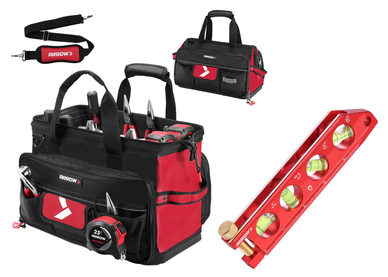 [Australia - AusPower] - ARROW 6.3-Inch Torpedo Level, Magnetic Leveler with 0°/30°/45°/90° Bubbles, Top-view Windows, Aluminium Alloy Frame, Dual Metric and SAE Scales & 17" Large Tool Bag with 36 Multipurpose Pockets 
