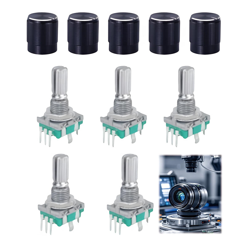 Pack of 5 EC11 Rotary Encoder 360 Degree Digital Potentiometer 5 Pin with Switch and Rotary Knob, Audio Rotary Encoder Module Continuous Rotary Switch for Automotive Electronics Multimedia Audio