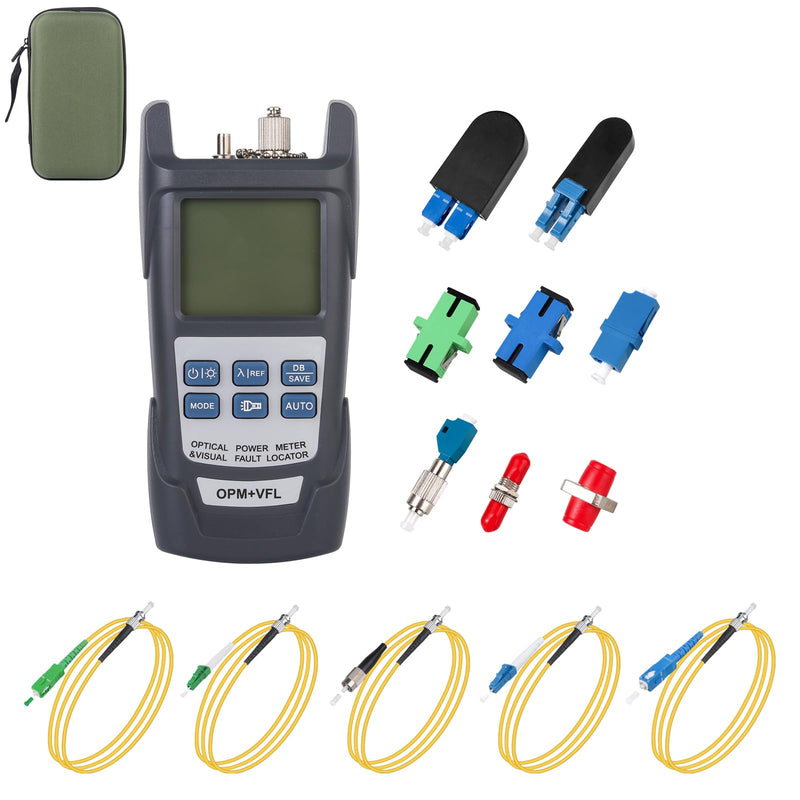 [Australia - AusPower] - Fiber Optic Cable Troubleshoot Kit - 1pc OPM & VFL All-in-one Tester & 5 Short Patch Cords & 8pcs Adapters or Loopback Tester, Visual Fault Locator, OPM (-70) dBm~(+6) dBm, 