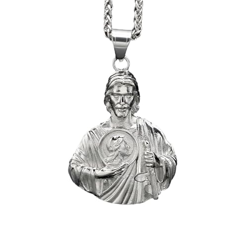 Religious Protection St. Jude Pendant Necklace - Titanium Steel Gold/Silver Tone Hip Hop Cuban Chain, Christian Saint Jewelry for Men Women Silver