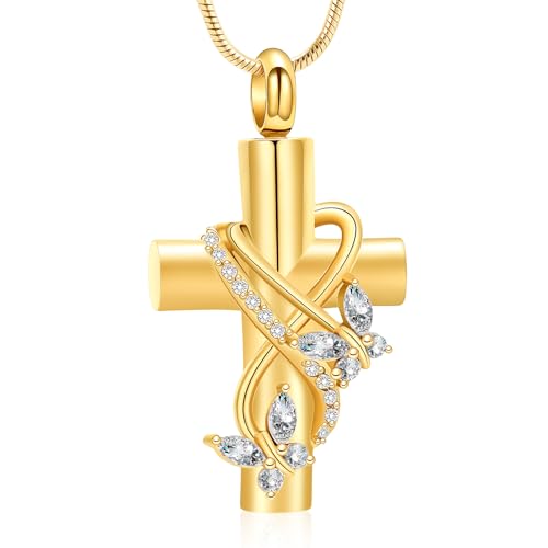 Butterfly Cross Cremation Jewelry Urn Necklaces Stainless Steel Cross Urn Necklaces for Ashes Memorial Keepsake Pendant for Women Gifts With Funnel Kit & Bag Gold+White