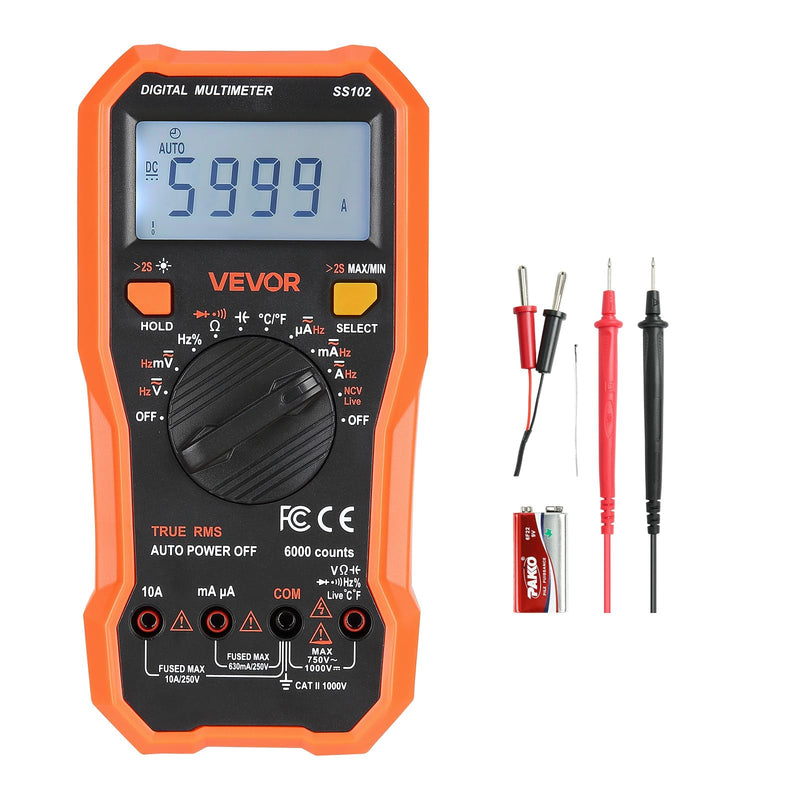 [Australia - AusPower] - VEVOR Digital Multimeter, 6000-Count TRMS DC/AC Voltmeter Current Tester, Professional NCV Multimeter for Current Voltage Resistance Capacitance Duty-Cycle Tempetature Diodes Continuity Live Wire Test 