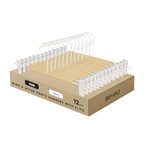 Wire Pants Hangers with Adjustable Clips, White, 12-Pack