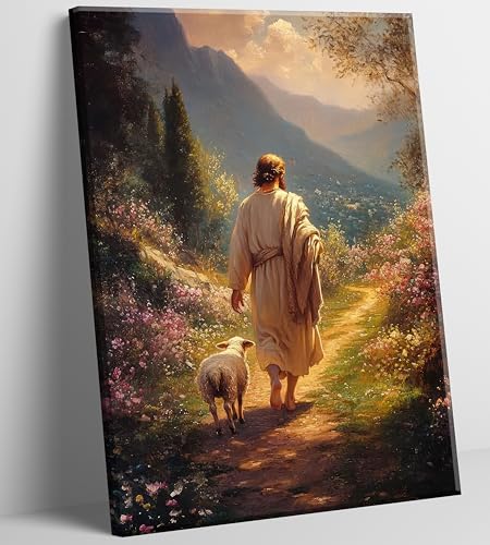 ZWTJPLN Jesus & Lamb on Path Canvas Wall Art - Christian Religious Decor (12x16/16x24 Inches) for Home, Church & Prayer Spaces Canvas Sheep 24"L x 16"W