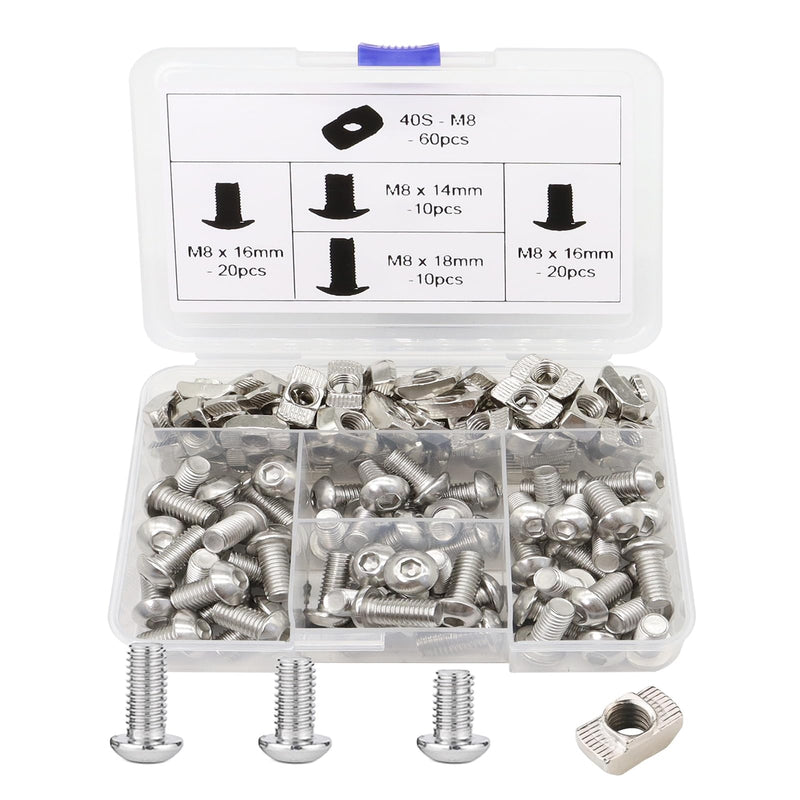 [Australia - AusPower] - 120Pcs 4040 Aluminum Extrusion Hardware Kit - M8 T Slot Nuts & Bolts 10Pcs M8x14, 40 M8x16, 10 M8x18, 60Pcs 40 Series M8 Drop-in T Nuts, Compatible with 4040 4080 Extrusion Accessories 