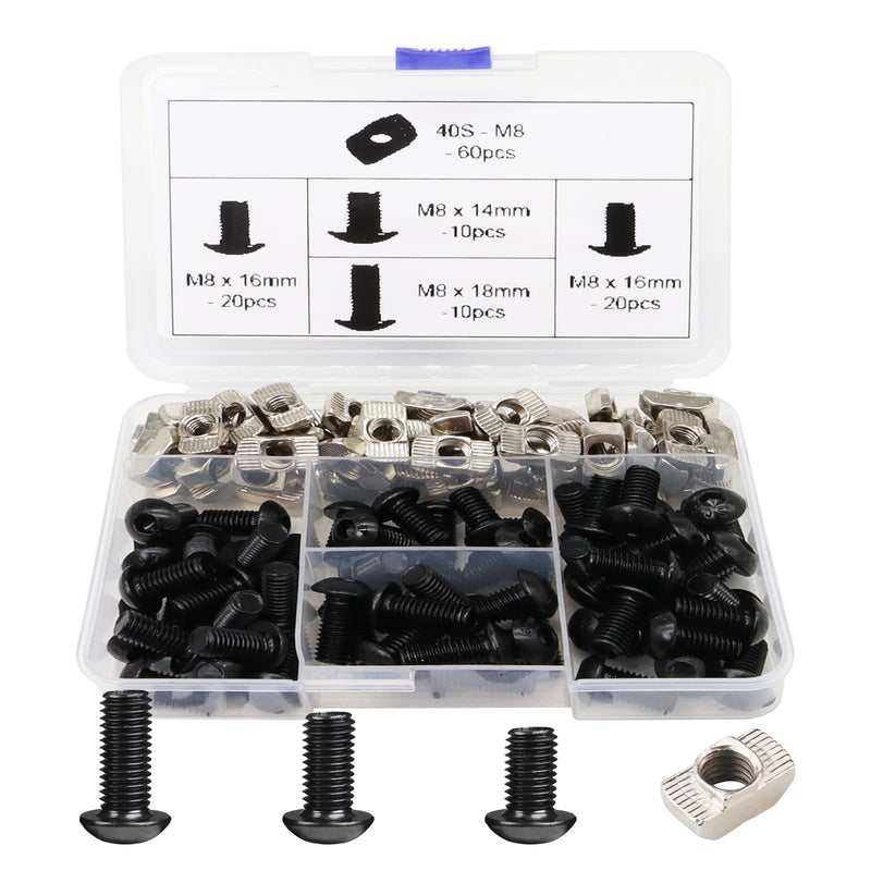 [Australia - AusPower] - 120Pcs 4040 Aluminum Extrusion Hardware Black Kit - M8 T Slot Nuts & Bolts 10Pcs M8x14, 40 M8x16, 10 M8x18, 60Pcs 40 Series M8 Drop-in T Nuts, Compatible with 4040 4080 Extrusion Accessories 