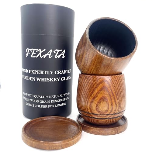 Charred Wood Bourbon Whiskey Glasses, Bourbon Gift dad Boyfriend on Father's Day, Birthday, Christmas,Old Fashioned Glass,11OZ,With coaster/cup lid,Wooden Bourbon Glass Gift for Men (2 Pack Charred) 2 Pack Charred