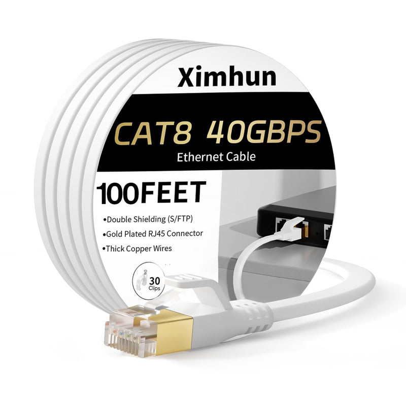 Ethernet Cable 100 FT, Cat 8 Ethernet Cable, High-Speed Internet Cable Network Cord with RJ45 Connector 40Gbps 2000Mhz Heavy Duty LAN Cable Shielded Indoor, for Router/Gaming/Modem White 100FT
