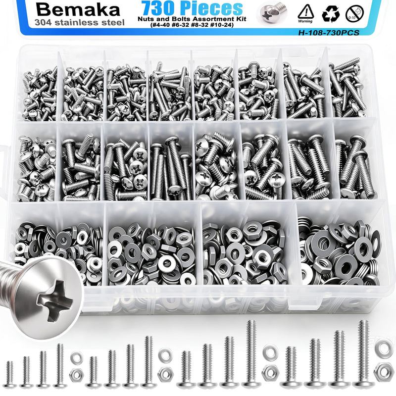 730Pcs Machine Screws Nuts and Bolts Assortment Kit, 304 Stainless Steel Bolts 16 Sizes #4-40#6-32#8-32#10-24 Phillips Pan Head Hardware Screws Assortment Kit with Nuts and Washers SAE #4-40 #6-32 #8-32 #10-24