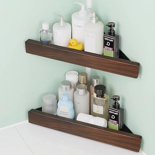 Corner Shelf 2 Pack, Solid Wood Triangle Wall Mounted Shelf, Adhesive or Screws, No Drill or Permanent Mount, Shower Storage for Bathroom Kitchen, Rust Proof BPA Free 1