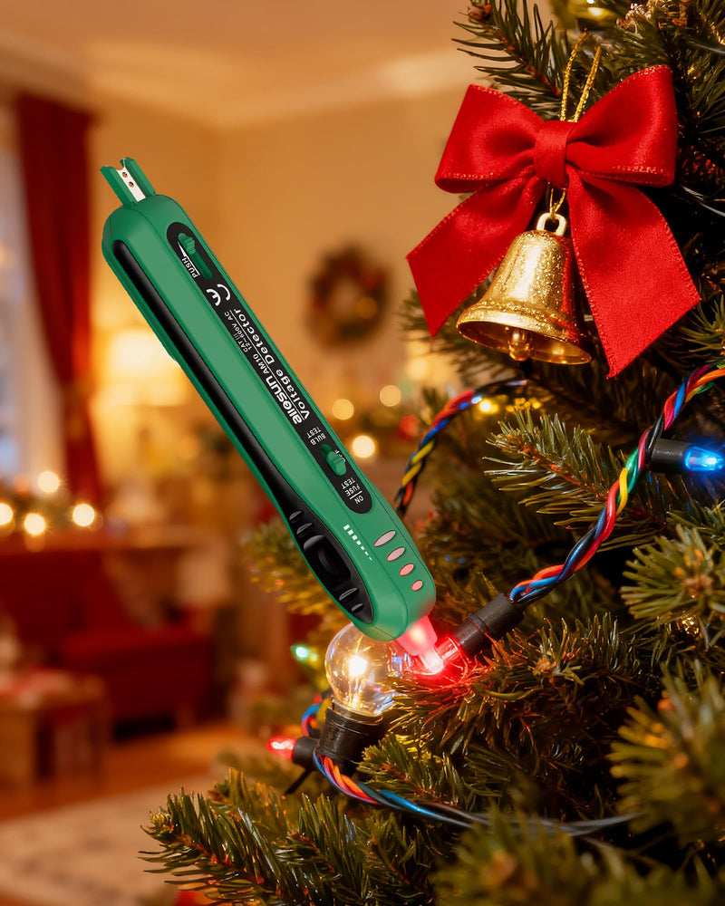 [Australia - AusPower] - ALLOSUN Christmas Light Tester Non Contact Voltage Tester with Fuse Tester & Bulb Remover, AC Voltage Detector 12V-600V, Stepless Sensitivity Control Christmas Light Bulb Tester, Green 