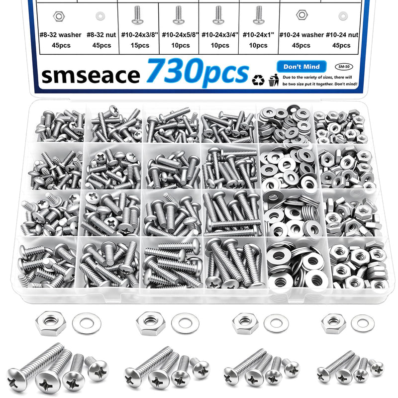smseace 730Pcs 304 Stainless Steel Machine Screws Assortment Kit#10-24#8-32#6-32#4-40 Phillips Pan Head Assorted Nuts and Bolts for Machinery, Furniture, Automotive, Motorcycle Repairs 730Pcs SS #4 #6 #8 #10 Silver