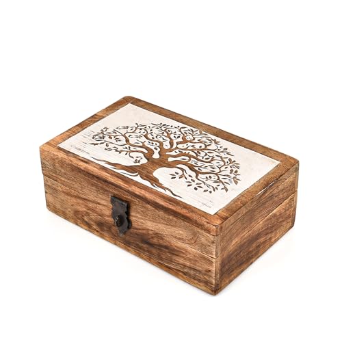 Decorative Tree of Life Pet Cremation Urn – Hand-Carved Mango Wood Keepsake Urn for Dogs & Cats – Wooden Memorial Ashes Box with Tree of Life Design (8" x 5" x 3")