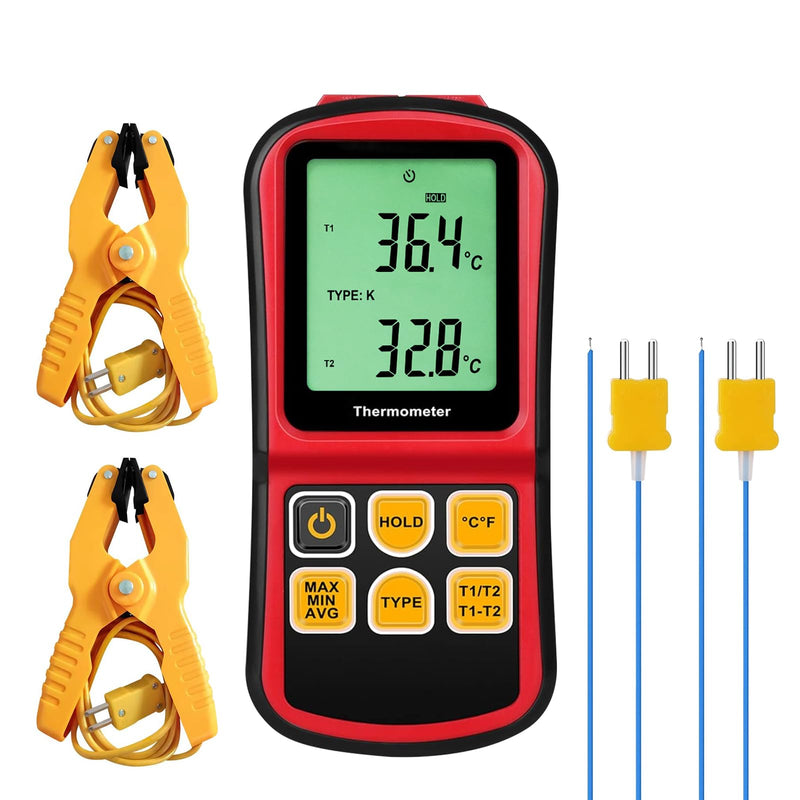 Dual Channel Thermocouple Thermometer, Type K/J/T/E/R/S/N, -150 to 1767 °C (-238 to 3212 °F) Digital Temperature Meter with Backlight Data Hold Function