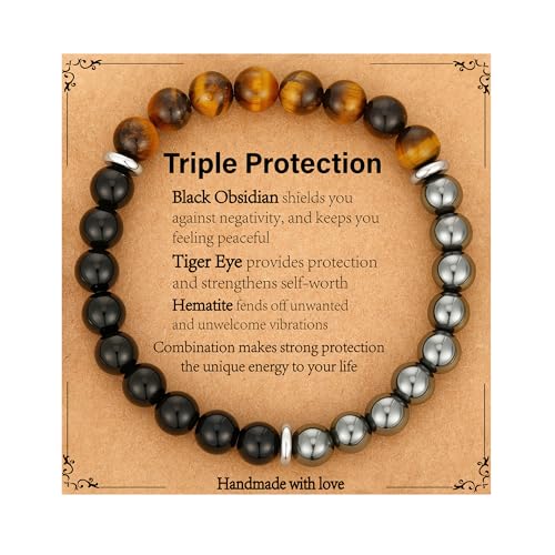 Gnamy Healing Crystal Bracelet Gifts for Men, Triple Protection Hematite Black Obsidian Tiger Eye Gemstone Beaded Bracelets Birthday Healing Jewelry Gifts Black-7
