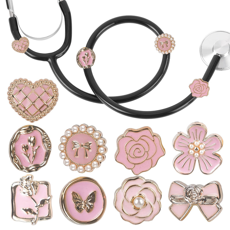 [Australia - AusPower] - Pink Flowers Elegant Stethoscope Charms for Nurse - 9Pcs Pediatric Stethoscopes Decor Personalized Accessories, Gift for Doctor & Veterinarian, Medical Worker Nursing Graduation Pink flower 