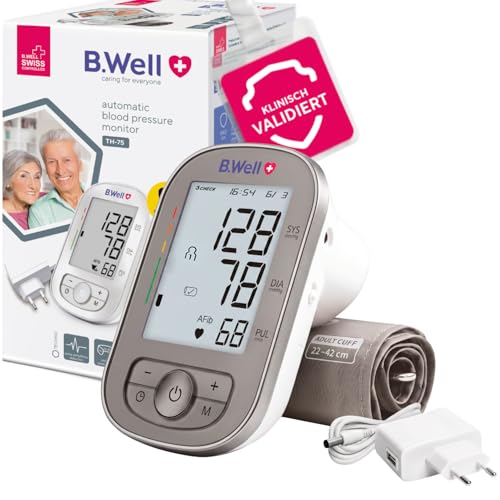 B.Well TH-75 Blood Pressure Monitor | AFib Detection & Automatic Measurement | Swiss Quality Standard, Clinically Validated, 3CHECK-Triple Measurement, 2×90 Memory, Cuff 22-42cm, Power Adapter TH-75 with power supply