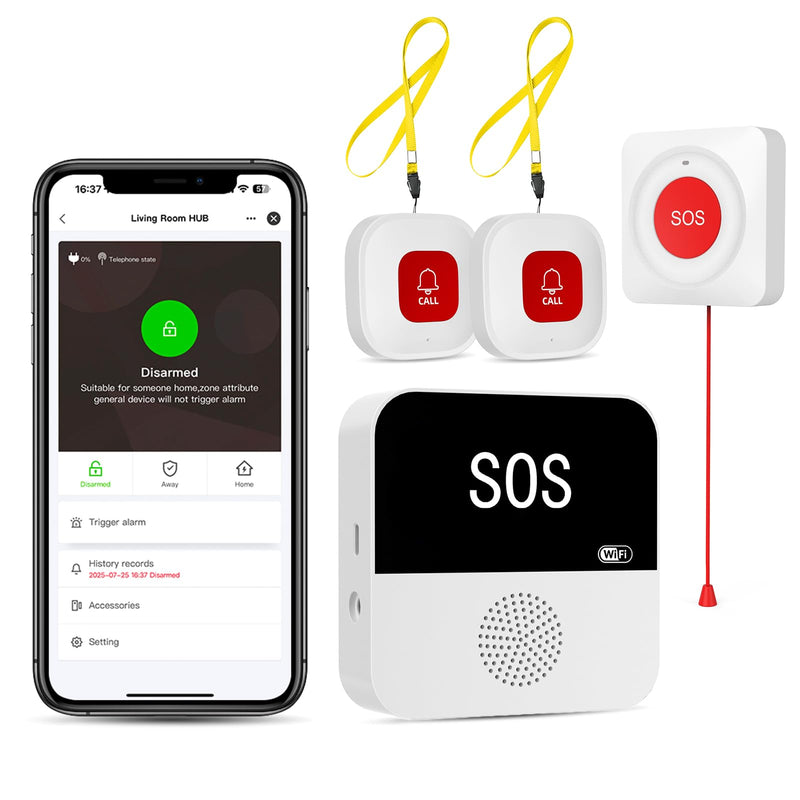 PILSAMAS WiFi Caregiver Wireless Call Button System - 2 Lanyard + 1 Pull Cord Emergency Button, No Monthly Fee APP Alert, Custom Names/Tones, Elderly Safety for Mobile, Bathroom & Bedside Care P5- 2 LANYARDS+1 PULL BUTTON + 1 HUB