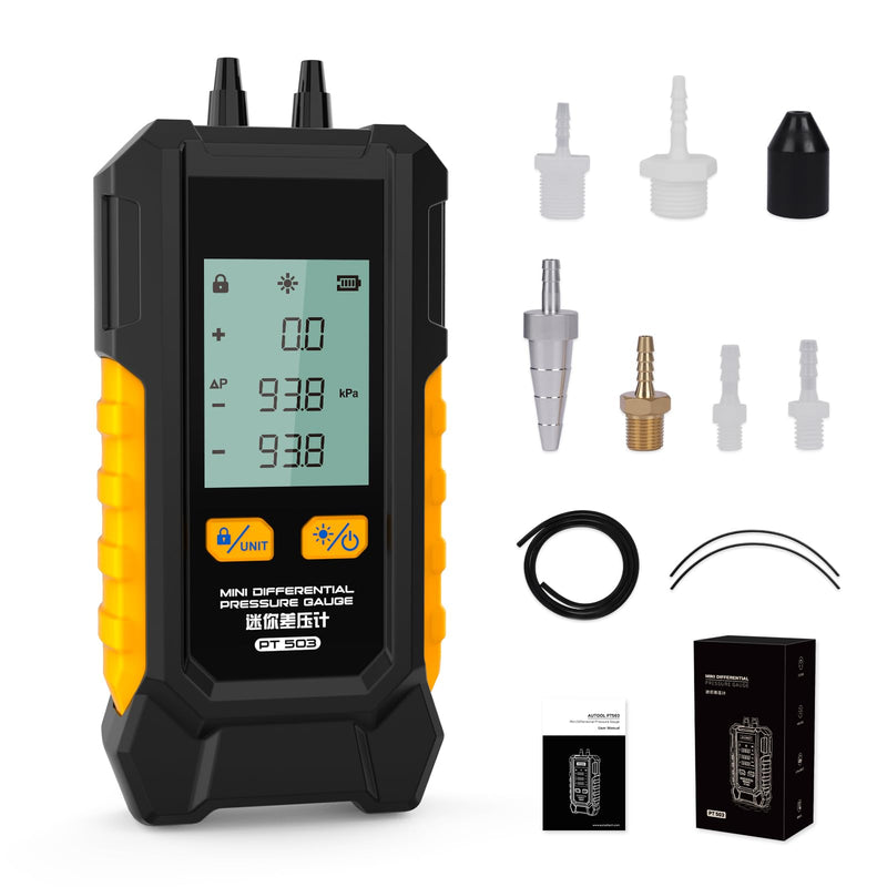 PT503 Manometer Gas Pressure Tester,Dual-Port HVAC Digital Manometer with Range of -100 to 200 KPa, 6 Units, Data Retention, 7Adapters, PT503