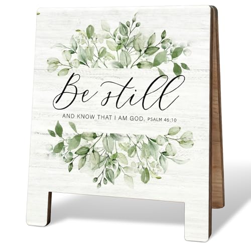 Inspirational Christian Desk Decor, Bible Verse Desk Sign, Christian Gifts for Women Men, Be Still and Know That I Am God Religious Wooden Plaque Sign for Office Decoration Cubicle Accessories 01-Bible(Office04)