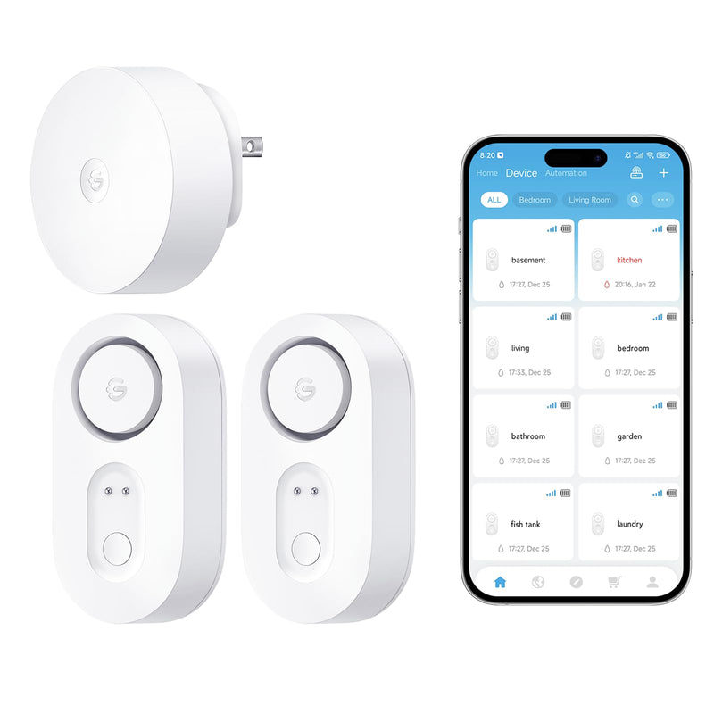 GoveeLife Upgraded Smart Water Leak Detector 1s with 1804 ft Ultra-Long Range, WiFi Water Sensor with SMS/Email/APP Push and Sound Alarm, 5-Year Battery Life, Suit for Home, Basement, Kitchen, 2 Pack Gateway+2 sensor