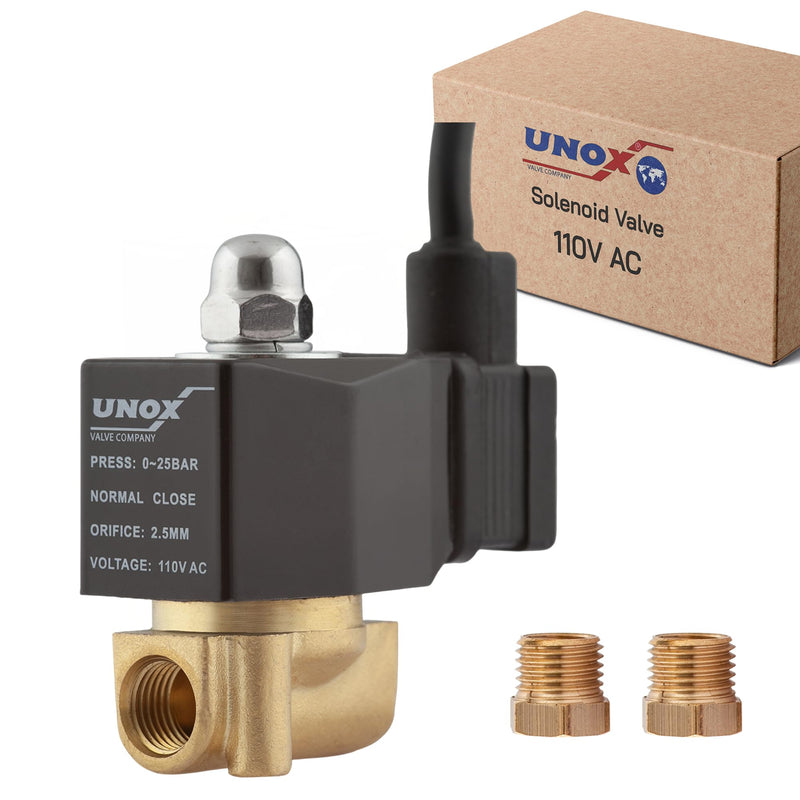 UNOX 1/4 Inch NPT Brass Electric Solenoid Valve 110V AC with 6 ft Cable, 3 Wire Connection, 1/8" Converter Included, Normally Closed, Pressure 0-363 PSI (0–25 bar), Water, Air
