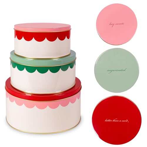 Set of three kate spade new york round cookie jars with colorful "Hey Sweets" design, perfect for storing cookies and treats.