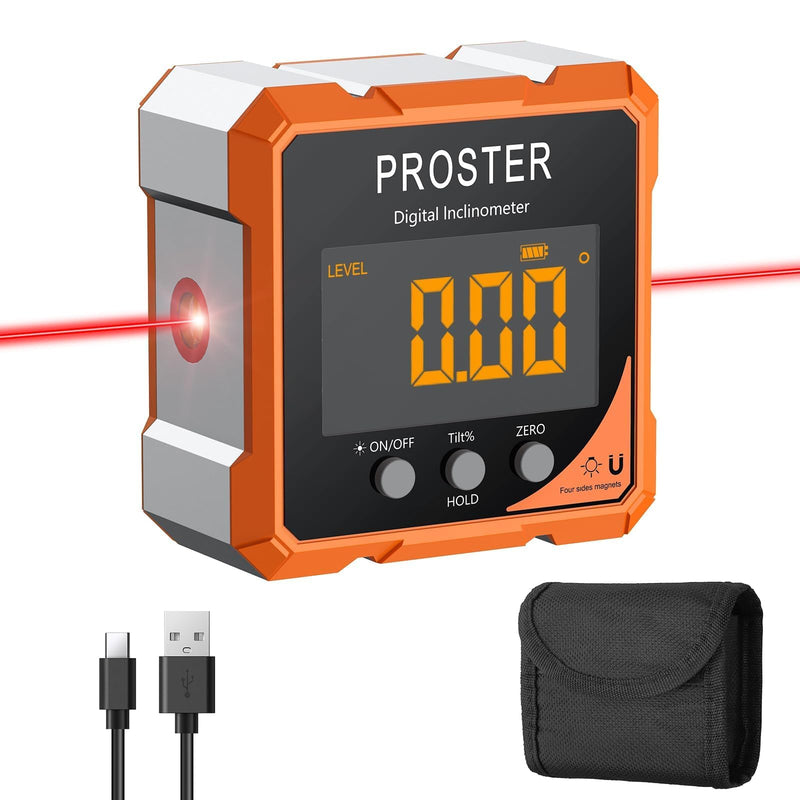 [Australia - AusPower] - Proster Digital Angle Finder with Laser 4-Side Magnetic Angle Gauge IP54 Waterproof LCD VA Display USB-C Inclinometer Level Box for Woodworking Carpentry Building(Laser Level Class II,Output<1mW） 
