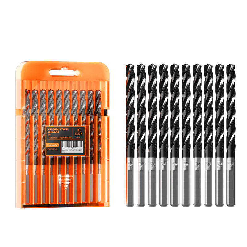 Crosstar M35 Cobalt Drill Bit Set for Hardened Metal & Stainless Steel - Titanium Aluminum Nitride Coated (TiAlN), Three-Flute Design, 10pcs 1/4" Metal Drill Bits 10pcs(1/4in)