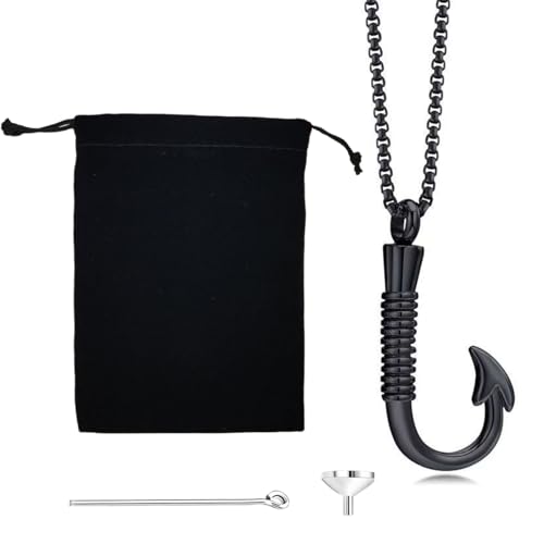 Urn Necklace for Men Stainless Steel Fishing Hook Pendant Charm that Holds Human Ashes Mens Cremation Jewelry Ash Holder Memorial Fish Pendants and Urns for Ash Tribute