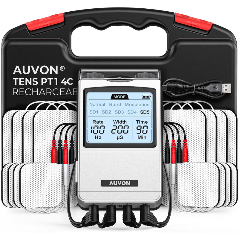AUVON Rechargeable 4-Channel TENS Unit Muscle Stimulator for Back Pain Relief, Digital TENS Machine with 8 Customizable Modes, Electronic Pulse Massager Easy to Use, 16 Premium TENS Pads, A Carry Case