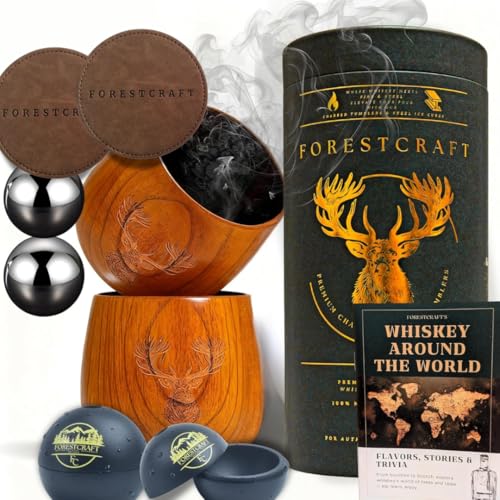Charred Wooden Bourbon Drinking Glass Set of 2 – Jujube Wood Cups, 8oz Whiskey Gift Set for Men with Whiskey Balls, Ice Molds, Coasters, Stainless Steel Balls & Gift Box